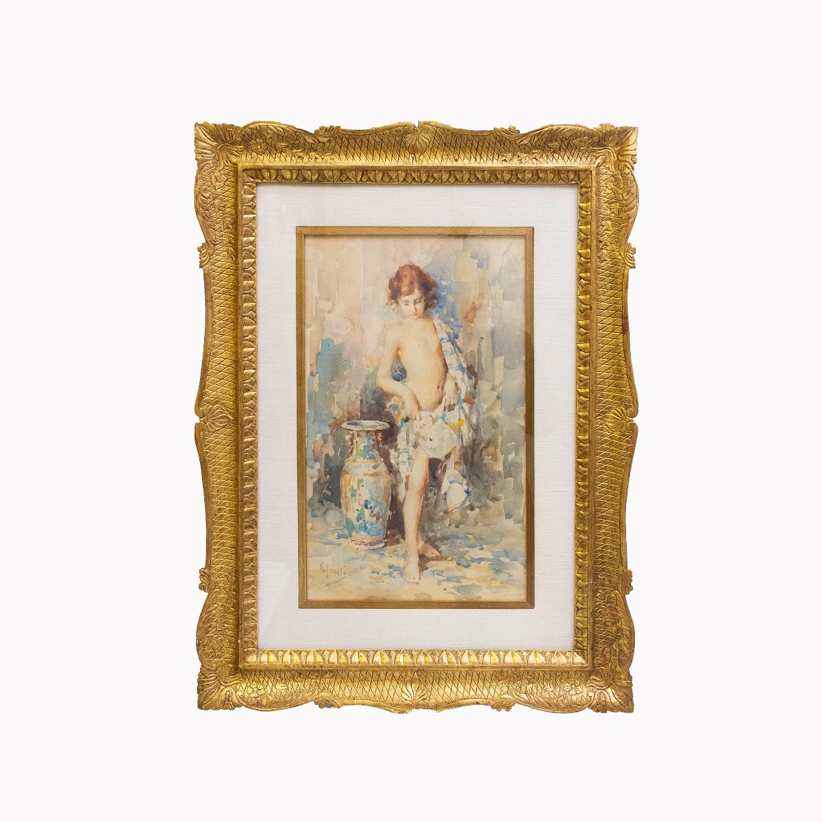 Vincenzo Irolli, "Giovane con anfora", acquerello su carta, firmato, Fine '800-photo-2