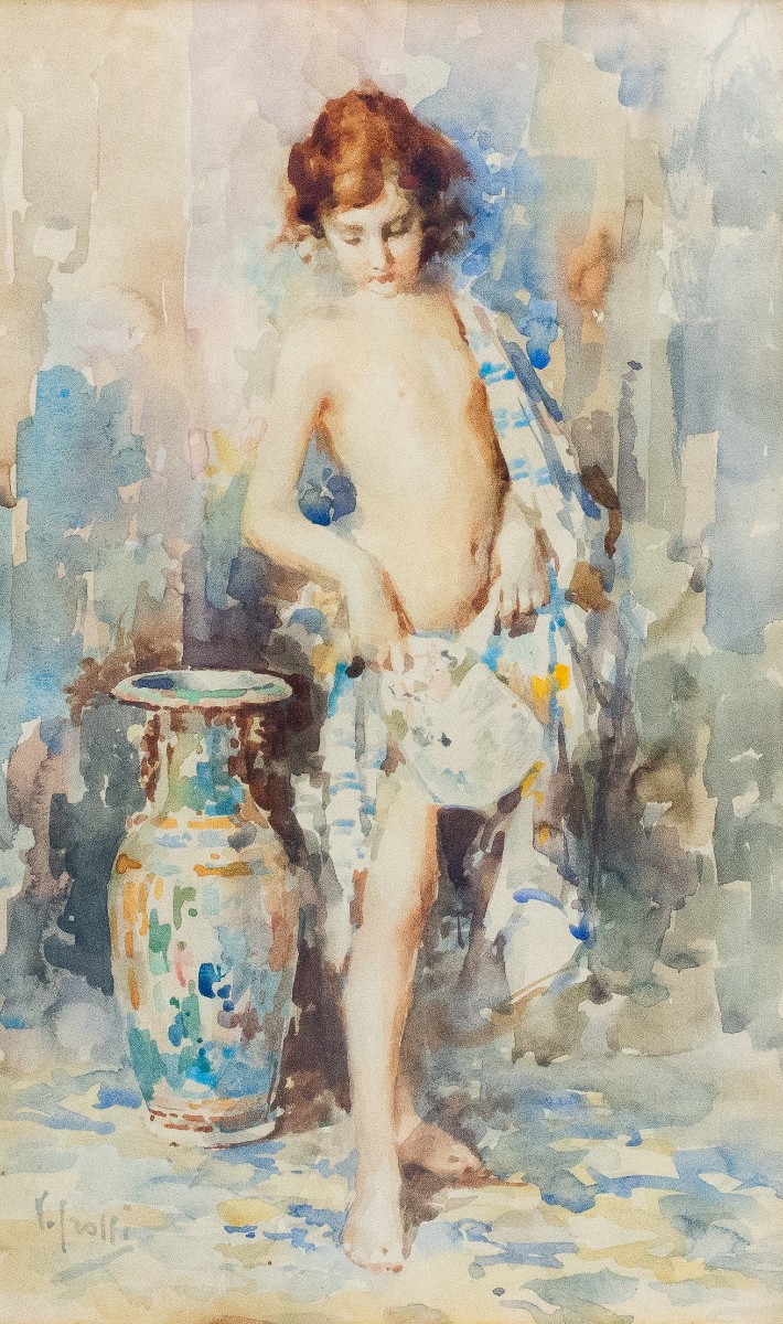 Vincenzo Irolli, "Giovane con anfora", acquerello su carta, firmato, Fine '800