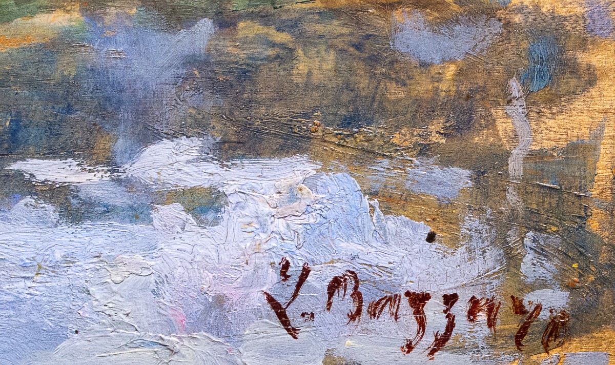 Leonardo Bazzaro, "Paesaggio Rurale", olio su tavola, firmato, Primi '900-photo-3