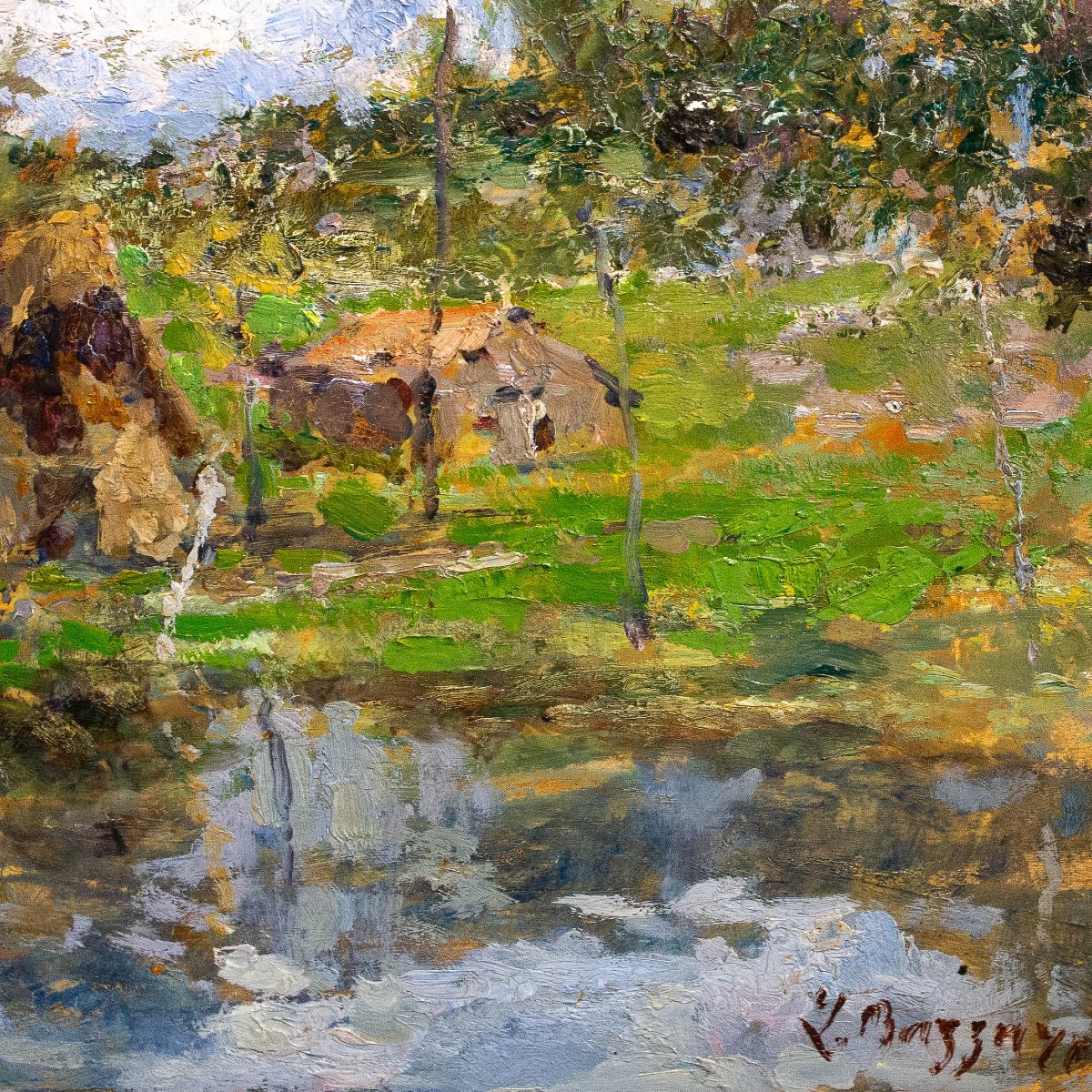 Leonardo Bazzaro, "Paesaggio Rurale", olio su tavola, firmato, Primi '900-photo-2