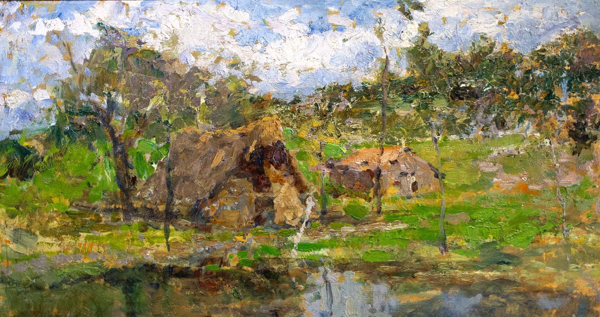 Leonardo Bazzaro, "Paesaggio Rurale", olio su tavola, firmato, Primi '900-photo-3