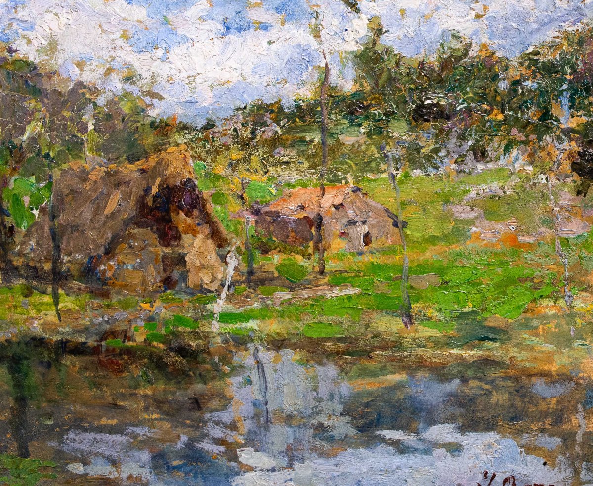 Leonardo Bazzaro, "Paesaggio Rurale", olio su tavola, firmato, Primi '900-photo-5