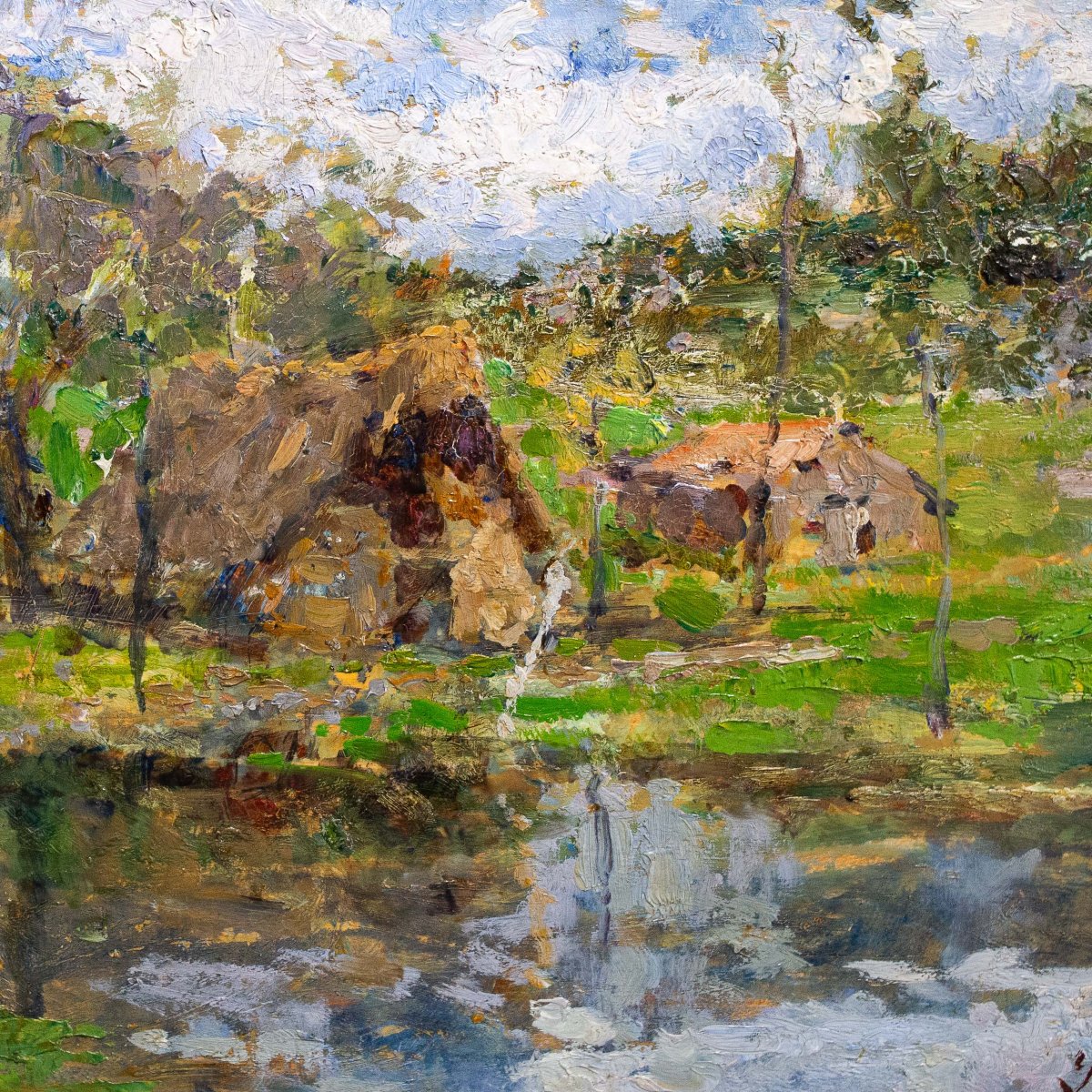 Leonardo Bazzaro, "Paesaggio Rurale", olio su tavola, firmato, Primi '900-photo-6