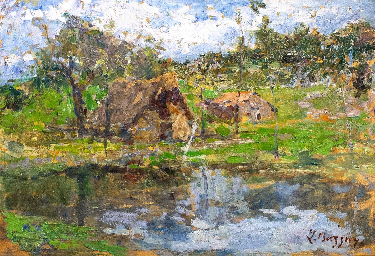 Leonardo Bazzaro, "Paesaggio Rurale", olio su tavola, firmato, Primi '900