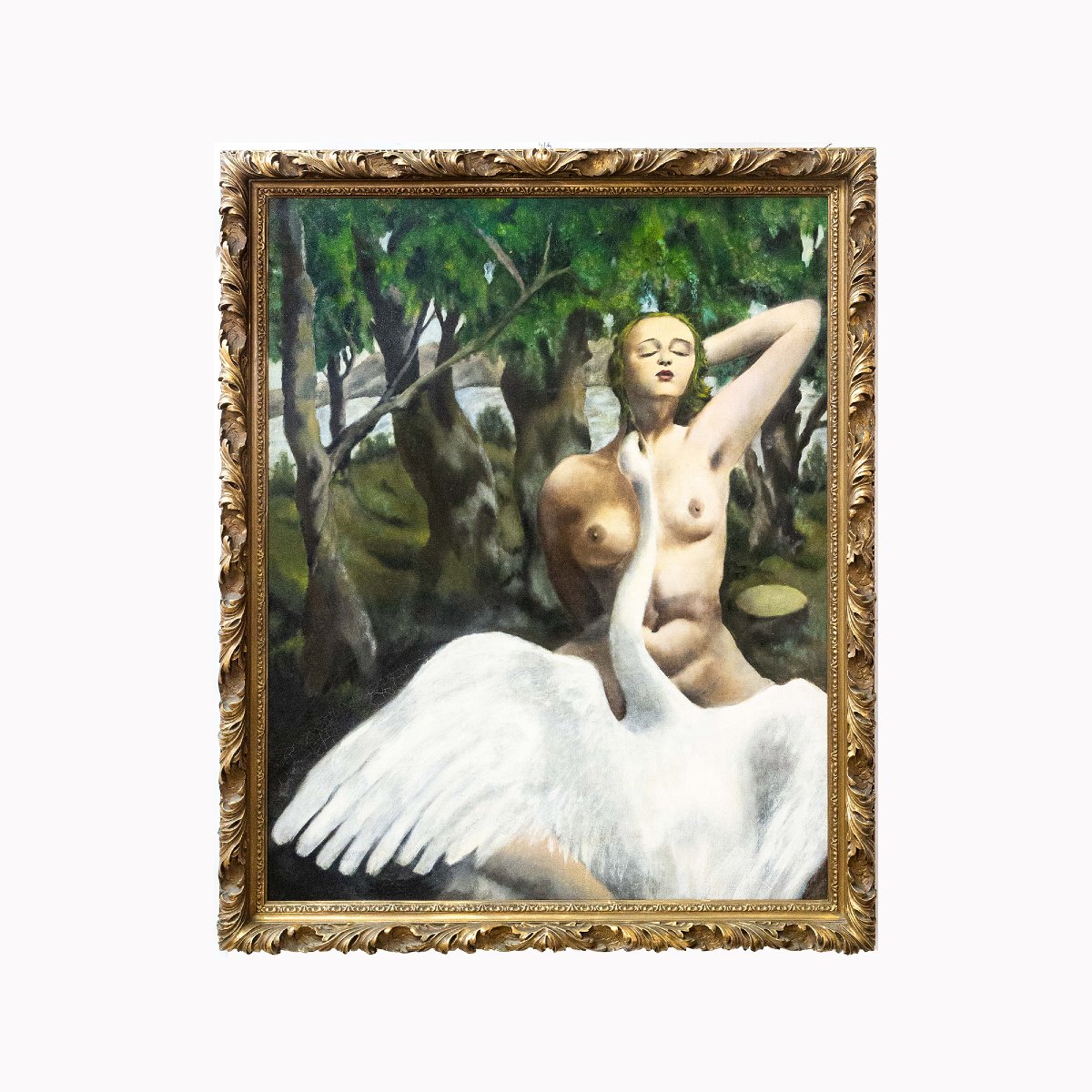 “Leda ed il Cigno", olio su tela, dipinto surrealista, Epoca XX secolo-photo-2