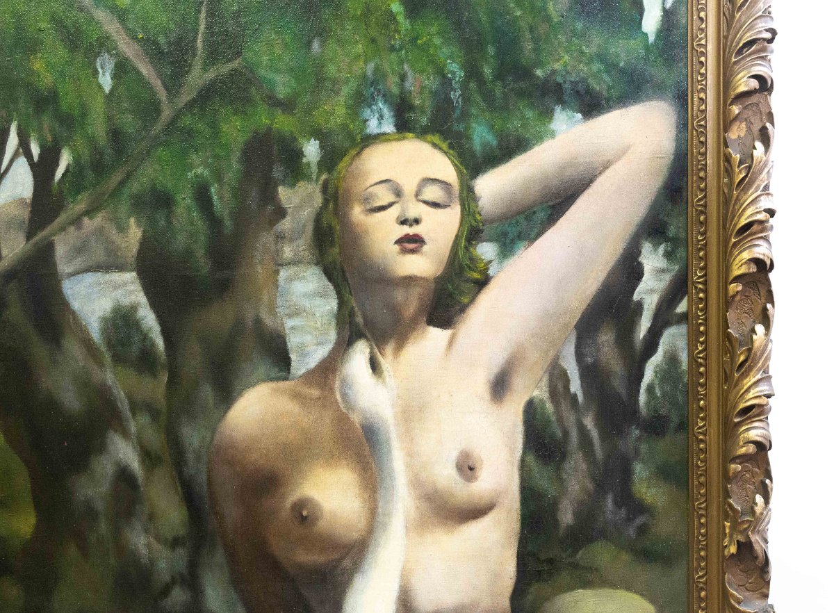 “Leda ed il Cigno", olio su tela, dipinto surrealista, Epoca XX secolo-photo-3