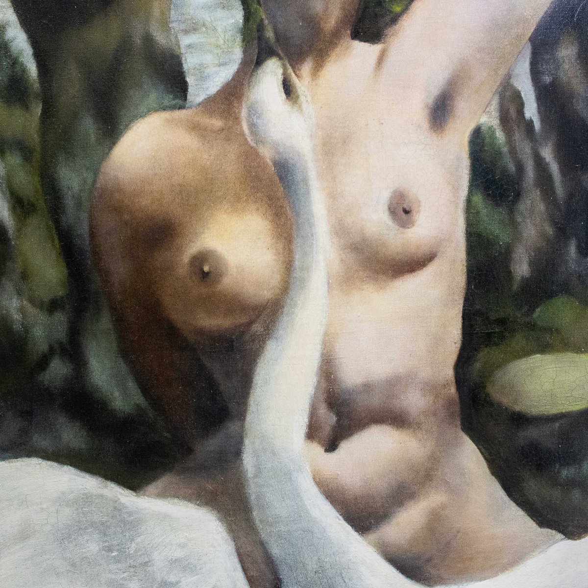 “Leda ed il Cigno", olio su tela, dipinto surrealista, Epoca XX secolo-photo-1