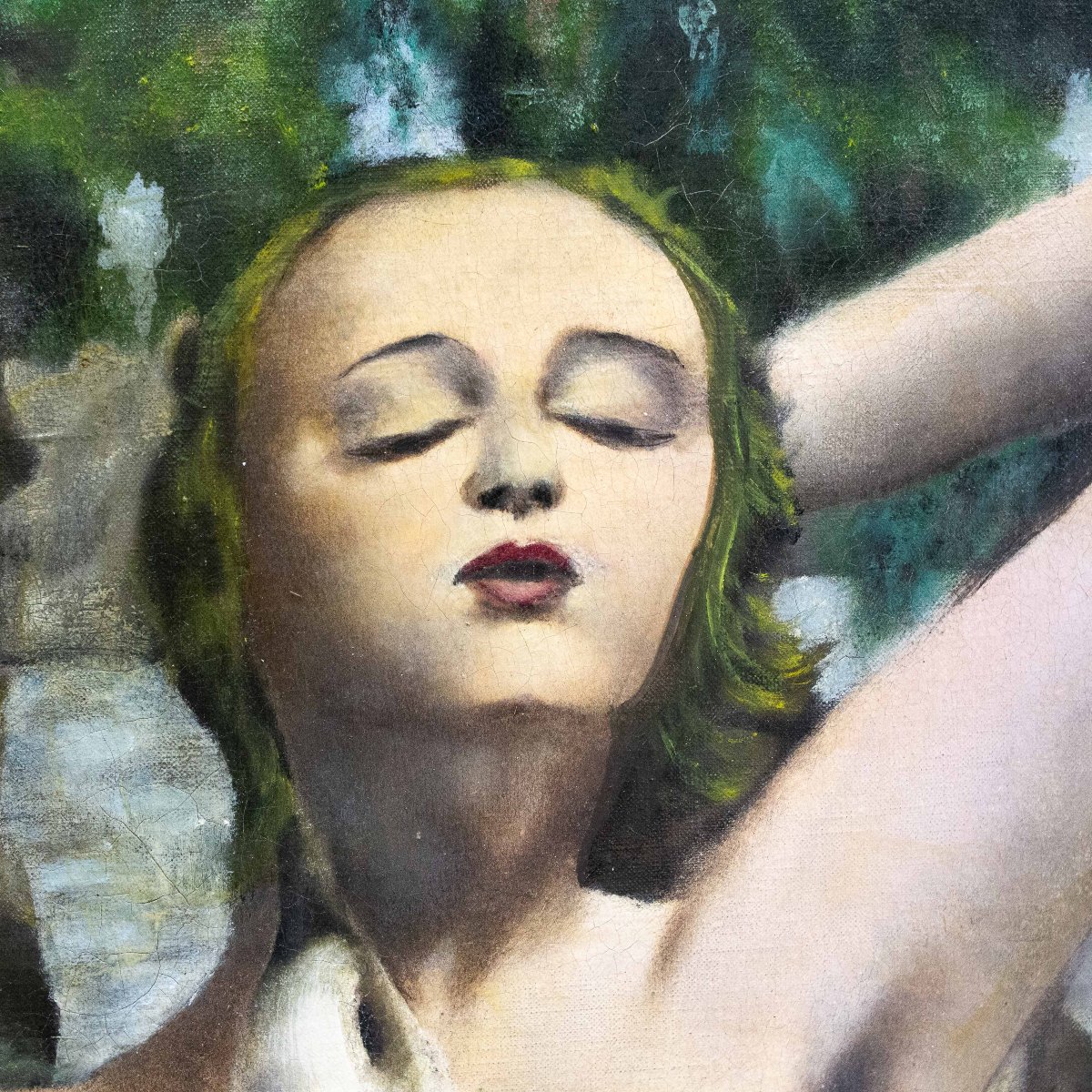 “Leda ed il Cigno", olio su tela, dipinto surrealista, Epoca XX secolo-photo-3