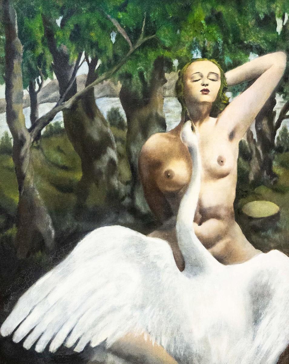 “Leda ed il Cigno", olio su tela, dipinto surrealista, Epoca XX secolo