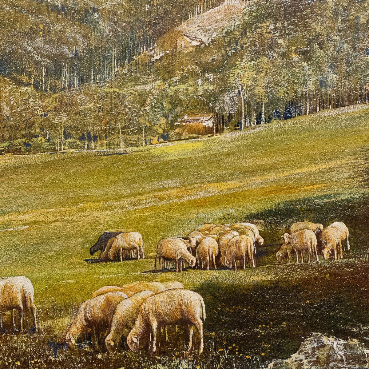 Gino Federici,  "Pastore con gregge", olio su tela, firmato, Epoca XX Secolo-photo-1