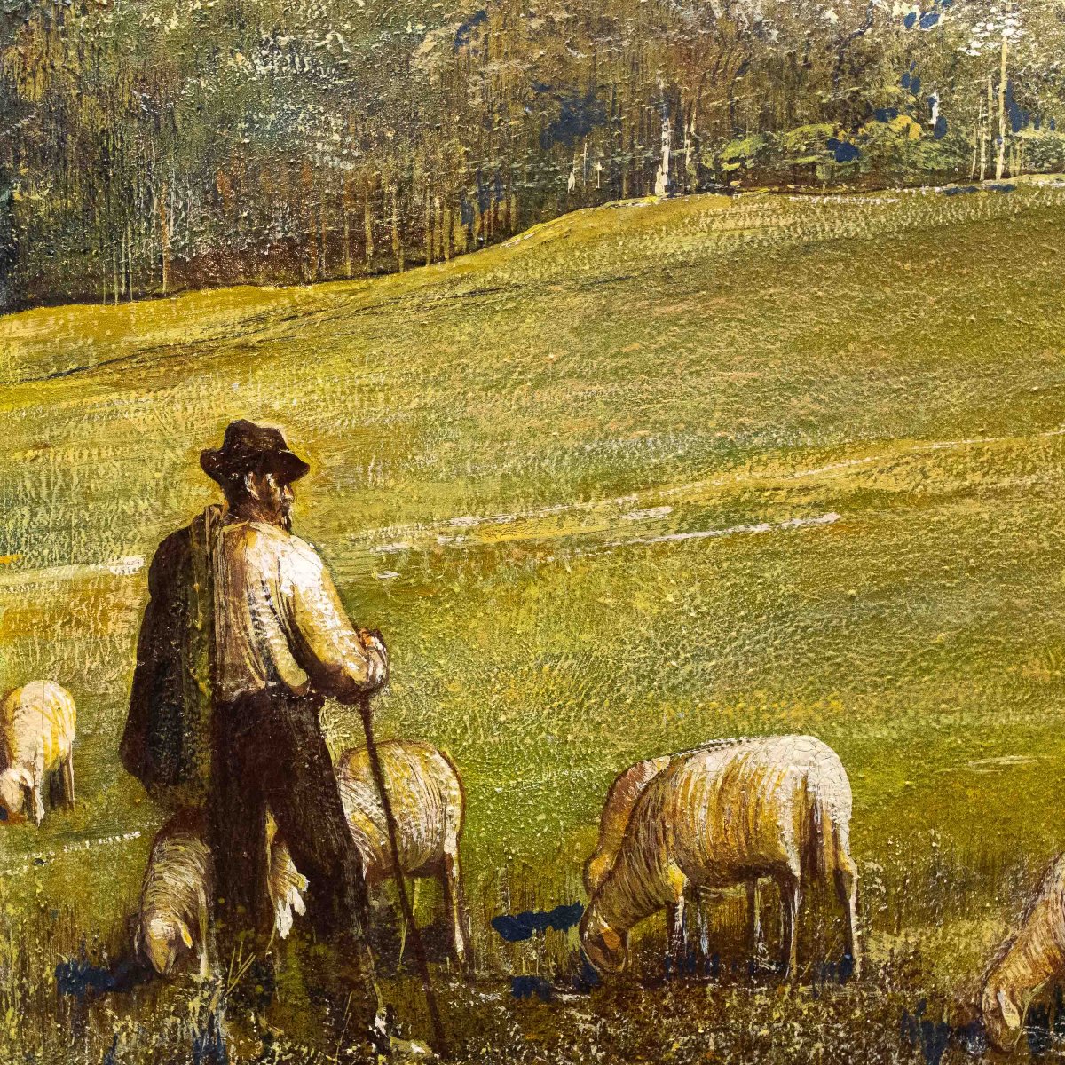 Gino Federici,  "Pastore con gregge", olio su tela, firmato, Epoca XX Secolo-photo-2
