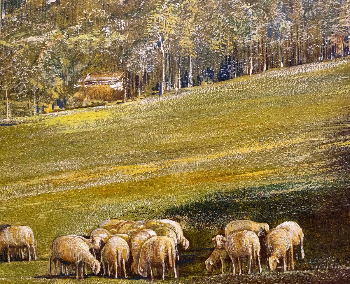 Gino Federici,  "Pastore con gregge", olio su tela, firmato, Epoca XX Secolo-photo-5