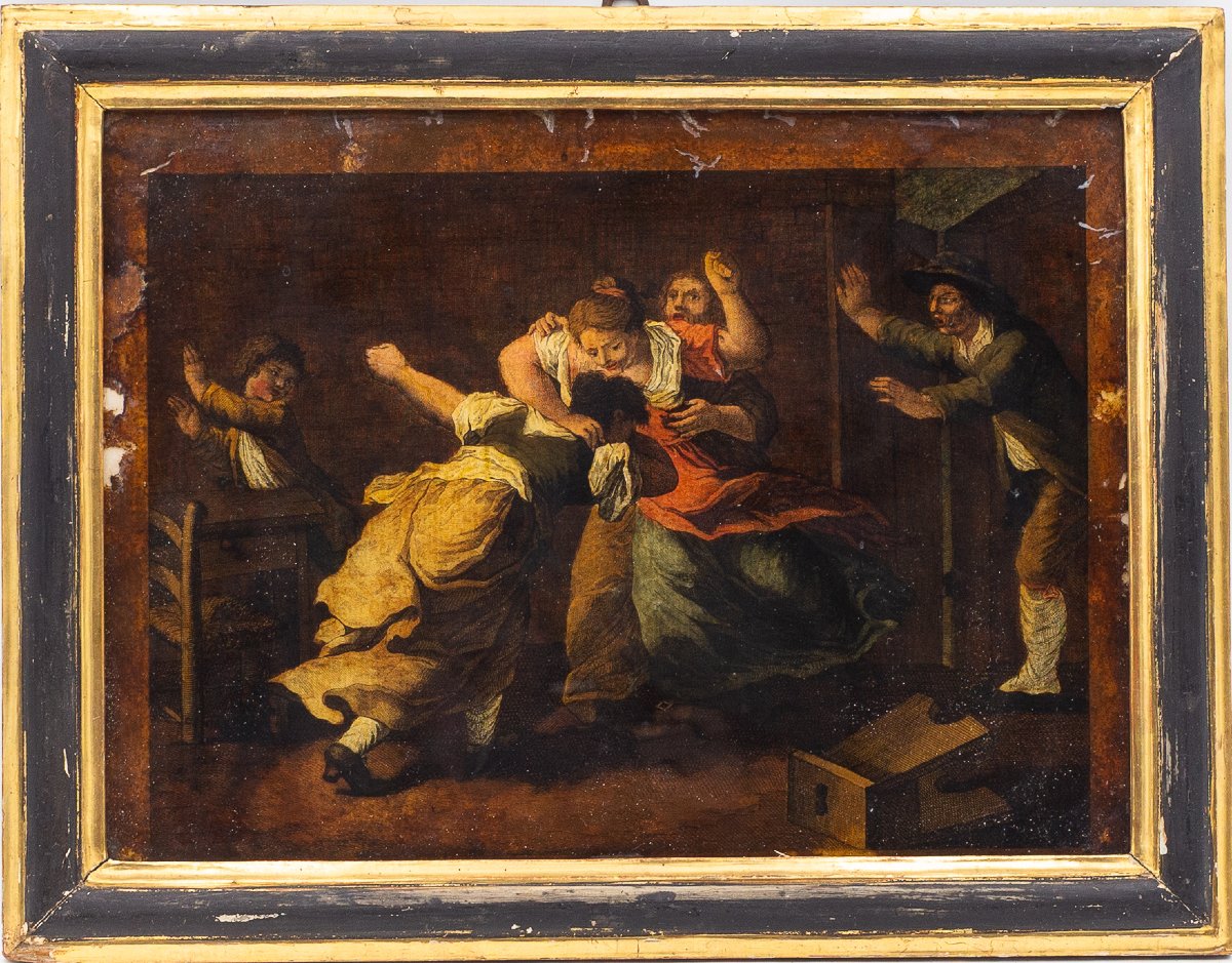 Coppia di Stampe acquerellate Antiche, "Baruffe", XVIII Secolo-photo-2