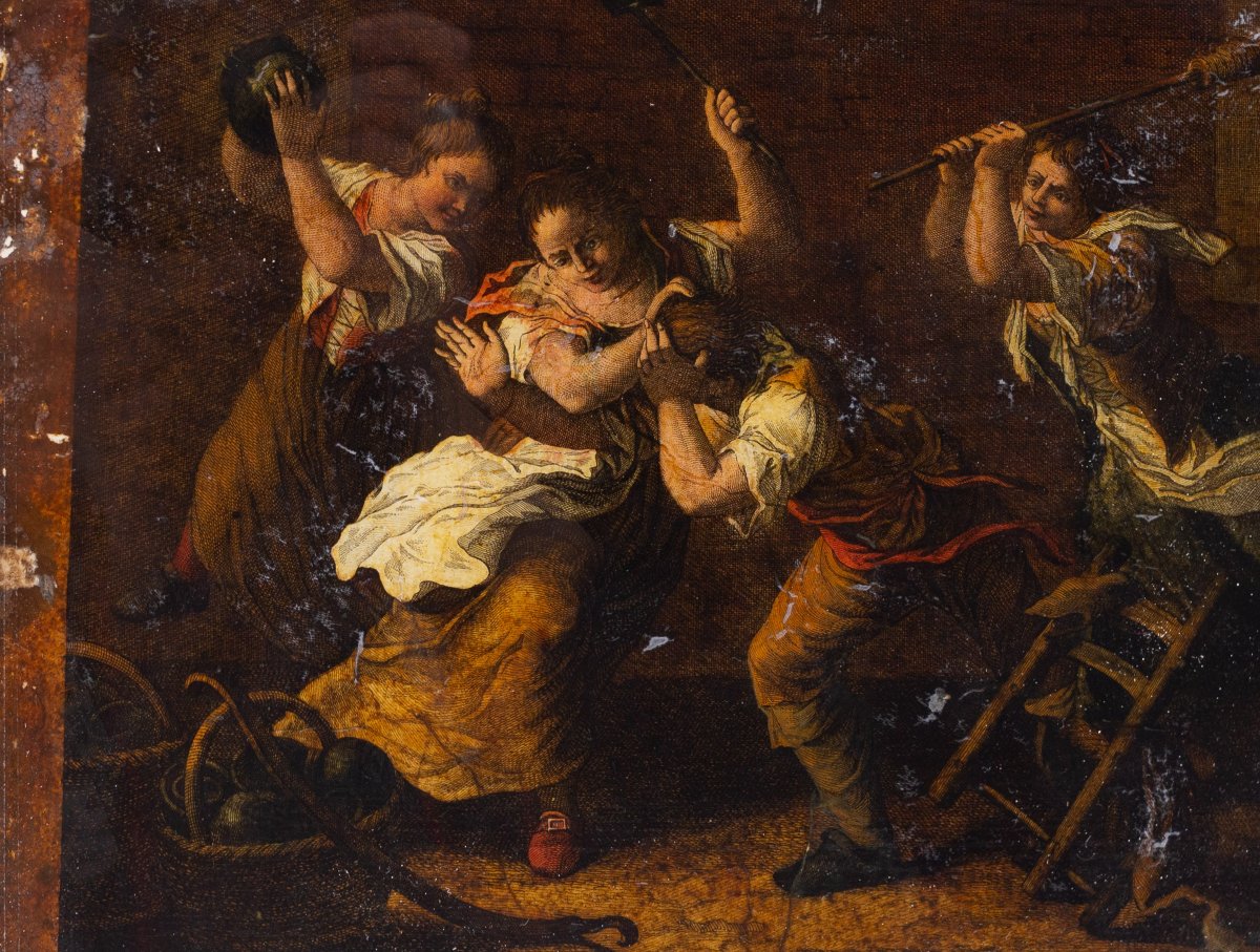 Coppia di Stampe acquerellate Antiche, "Baruffe", XVIII Secolo-photo-1