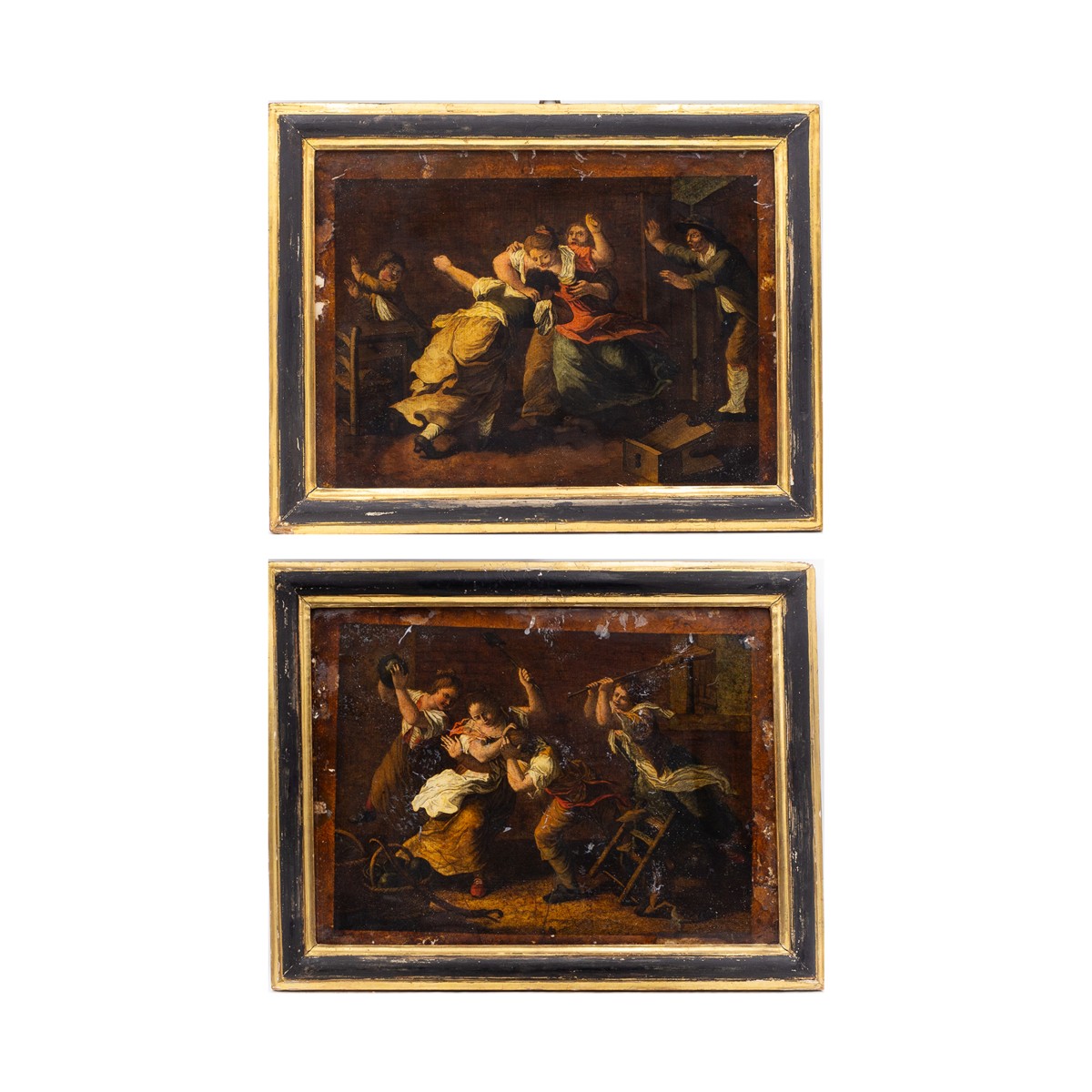 Coppia di Stampe acquerellate Antiche, "Baruffe", XVIII Secolo