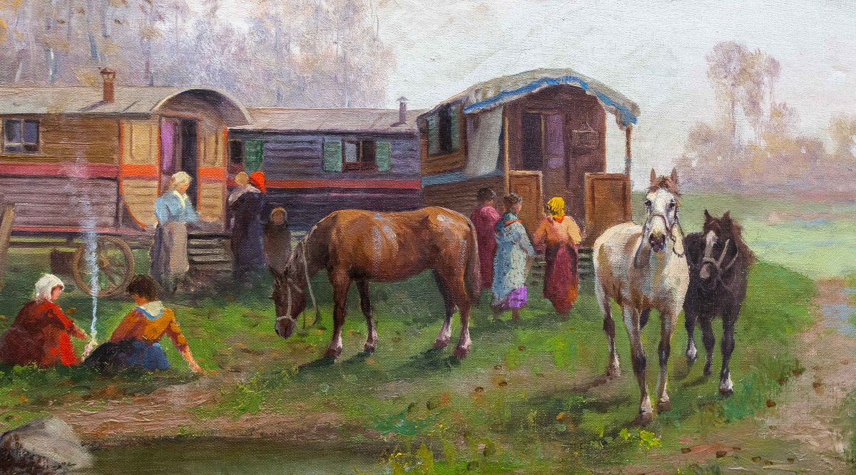 Leonardo Roda, "Nomadi", olio su tela, firmato, Primi del '900-photo-3
