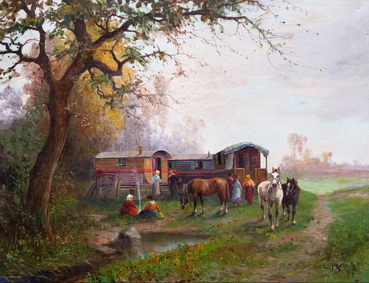 Leonardo Roda, "Nomadi", olio su tela, firmato, Primi del '900