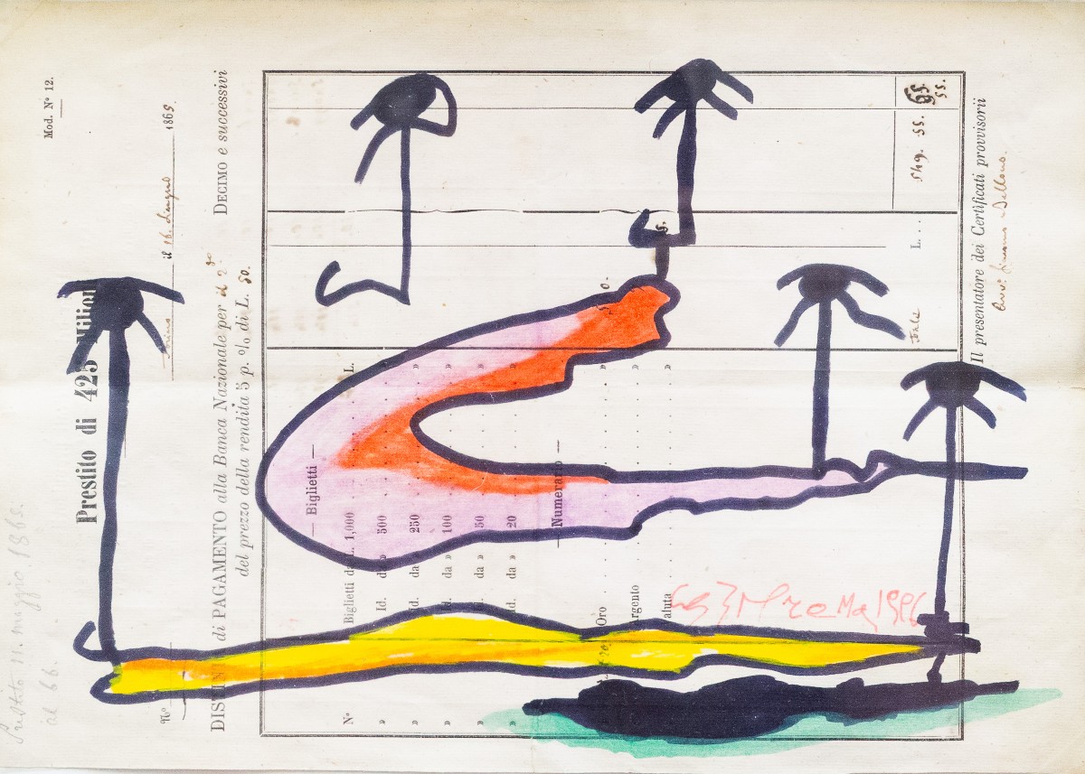 Carol Rama, "Senza titolo", tecnica mista su carta, 1996