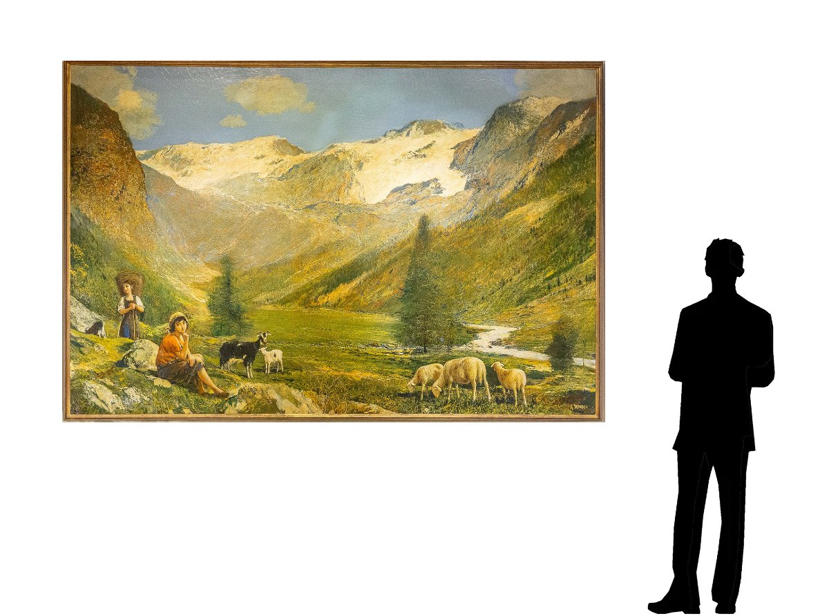 Gino Federici, “Scena pastorale alpina”, olio su tela, firmato, XX Secolo-photo-3