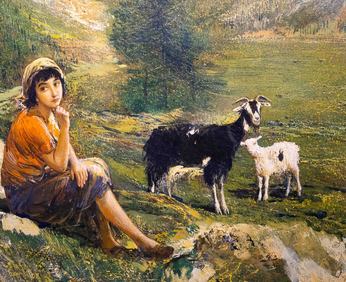 Gino Federici, “Scena pastorale alpina”, olio su tela, firmato, XX Secolo-photo-7