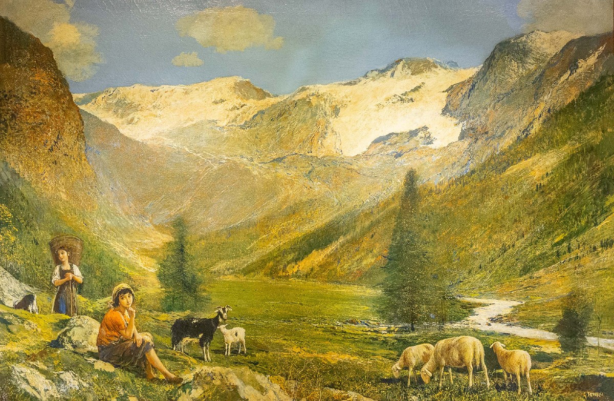 Gino Federici, “Scena pastorale alpina”, olio su tela, firmato, XX Secolo