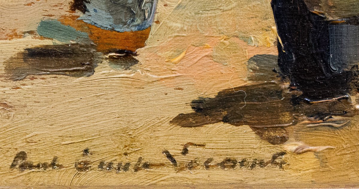 Paul Émile Lecomte, "Scena di mercato", olio su tavola, Epoca '900-photo-3