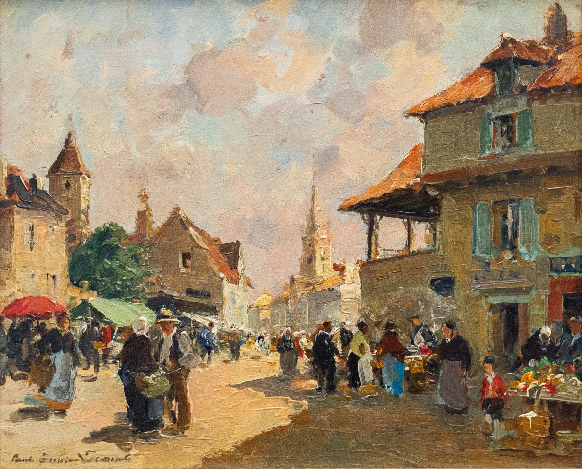 Paul Émile Lecomte, "Scena di mercato", olio su tavola, Epoca '900-photo-2