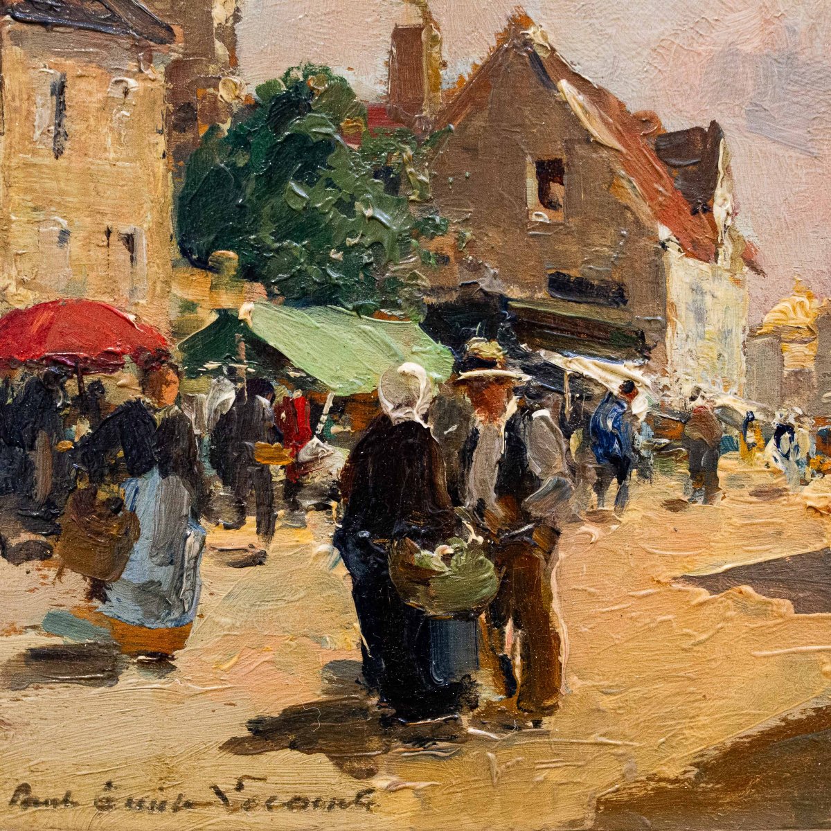 Paul Émile Lecomte, "Scena di mercato", olio su tavola, Epoca '900-photo-3