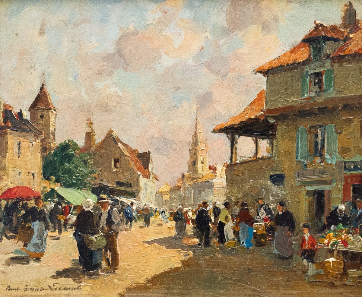 Paul Émile Lecomte, "Scena di mercato", olio su tavola, Epoca '900