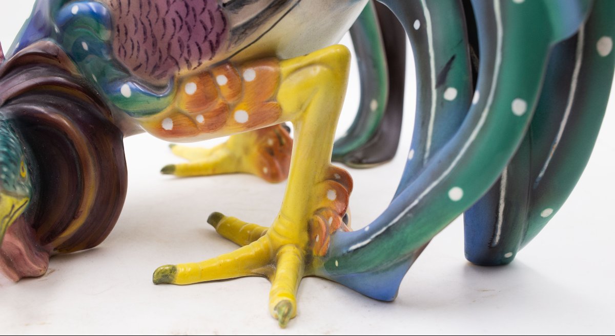 Lenci, "Gallo combattente", Ceramica Policroma, disegno Vacchetti Sandro,  Torino, Anni '30-photo-2