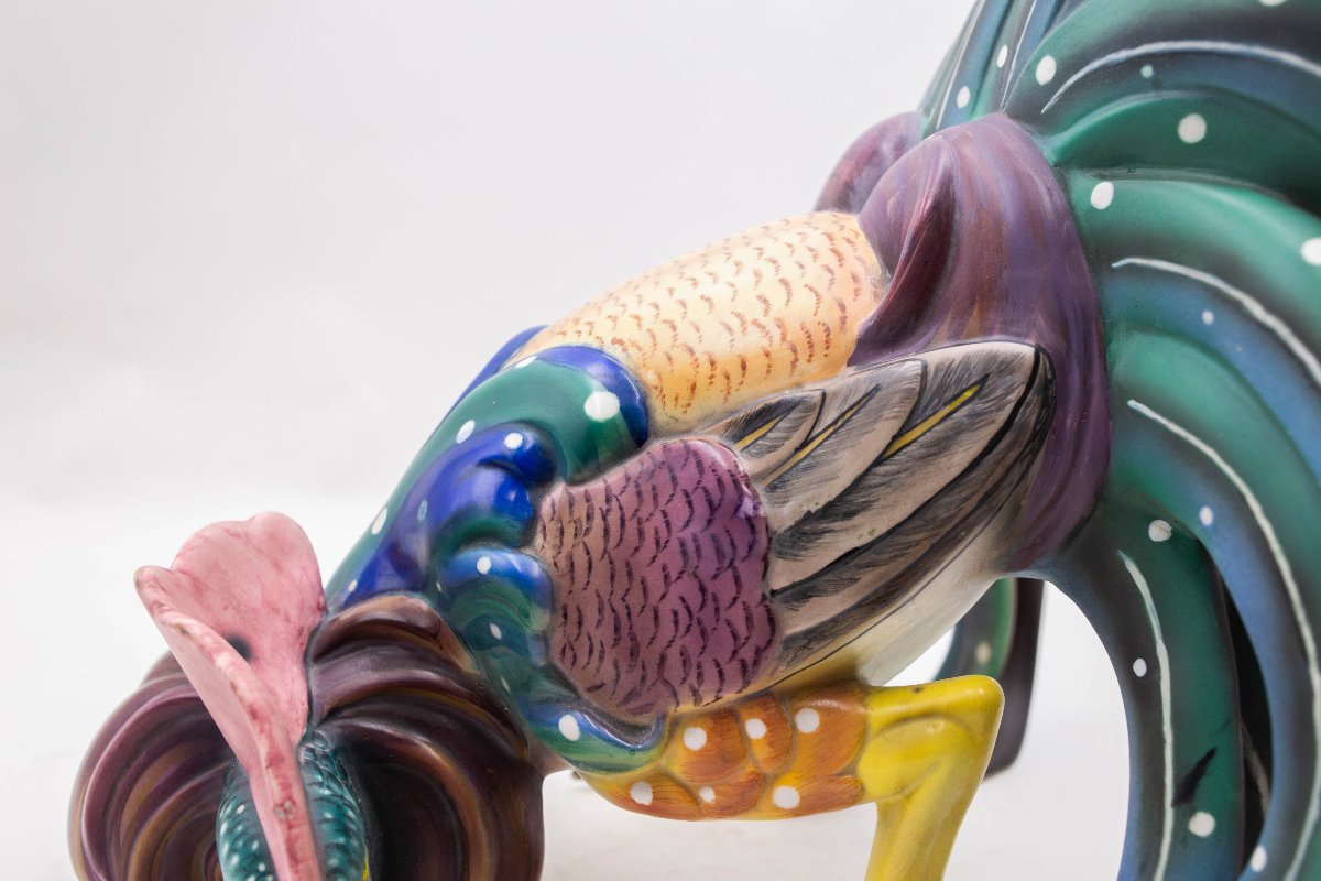 Lenci, "Gallo combattente", Ceramica Policroma, disegno Vacchetti Sandro,  Torino, Anni '30-photo-3