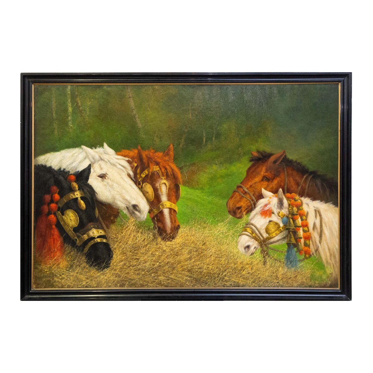 Riposo nei campi Scena equestre con cavalli da tiro, olio su tela, Primi  '900-photo-2