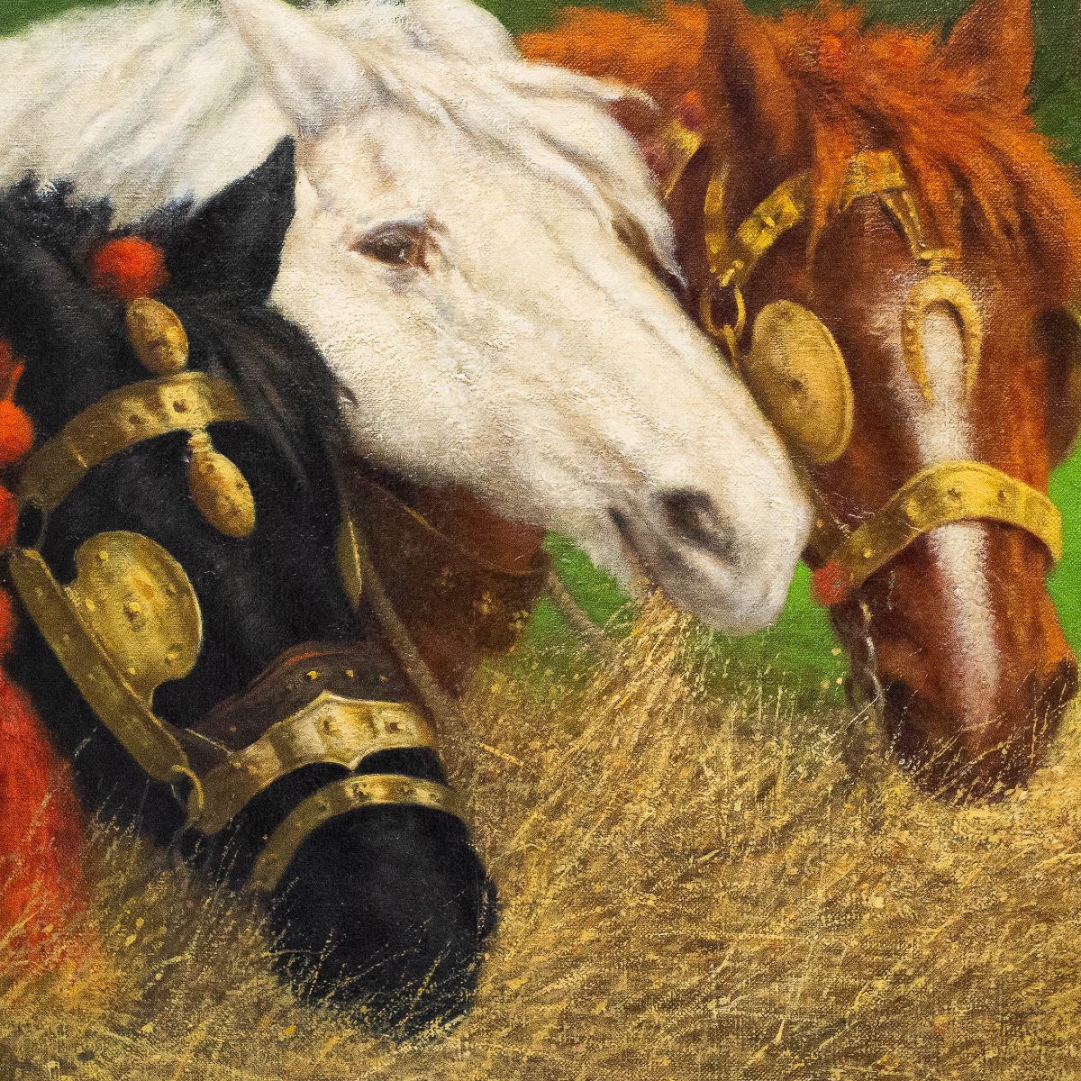 Riposo nei campi Scena equestre con cavalli da tiro, olio su tela, Primi  '900-photo-1