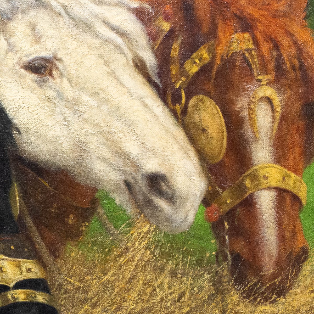 Riposo nei campi Scena equestre con cavalli da tiro, olio su tela, Primi  '900-photo-2