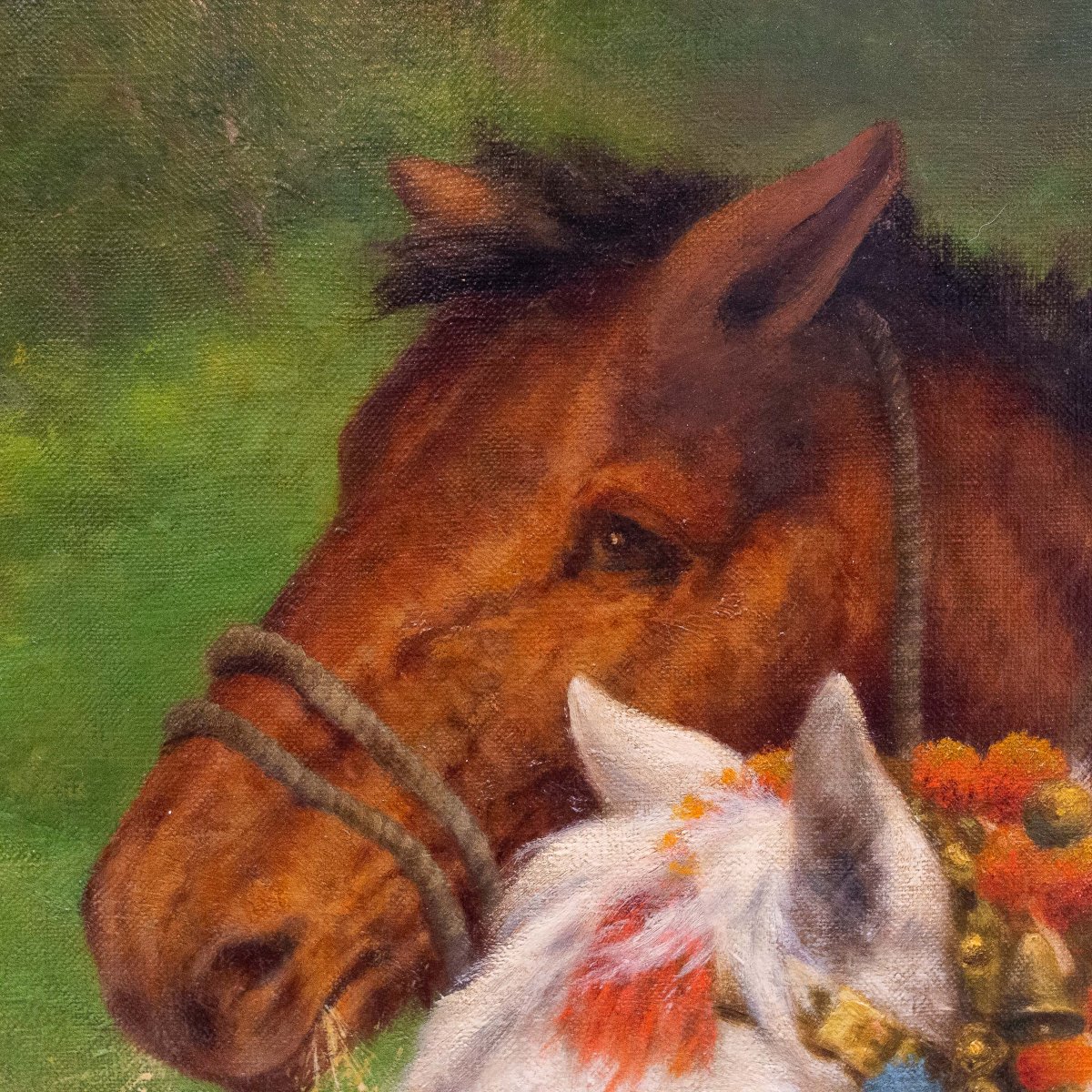 Riposo nei campi Scena equestre con cavalli da tiro, olio su tela, Primi  '900-photo-4