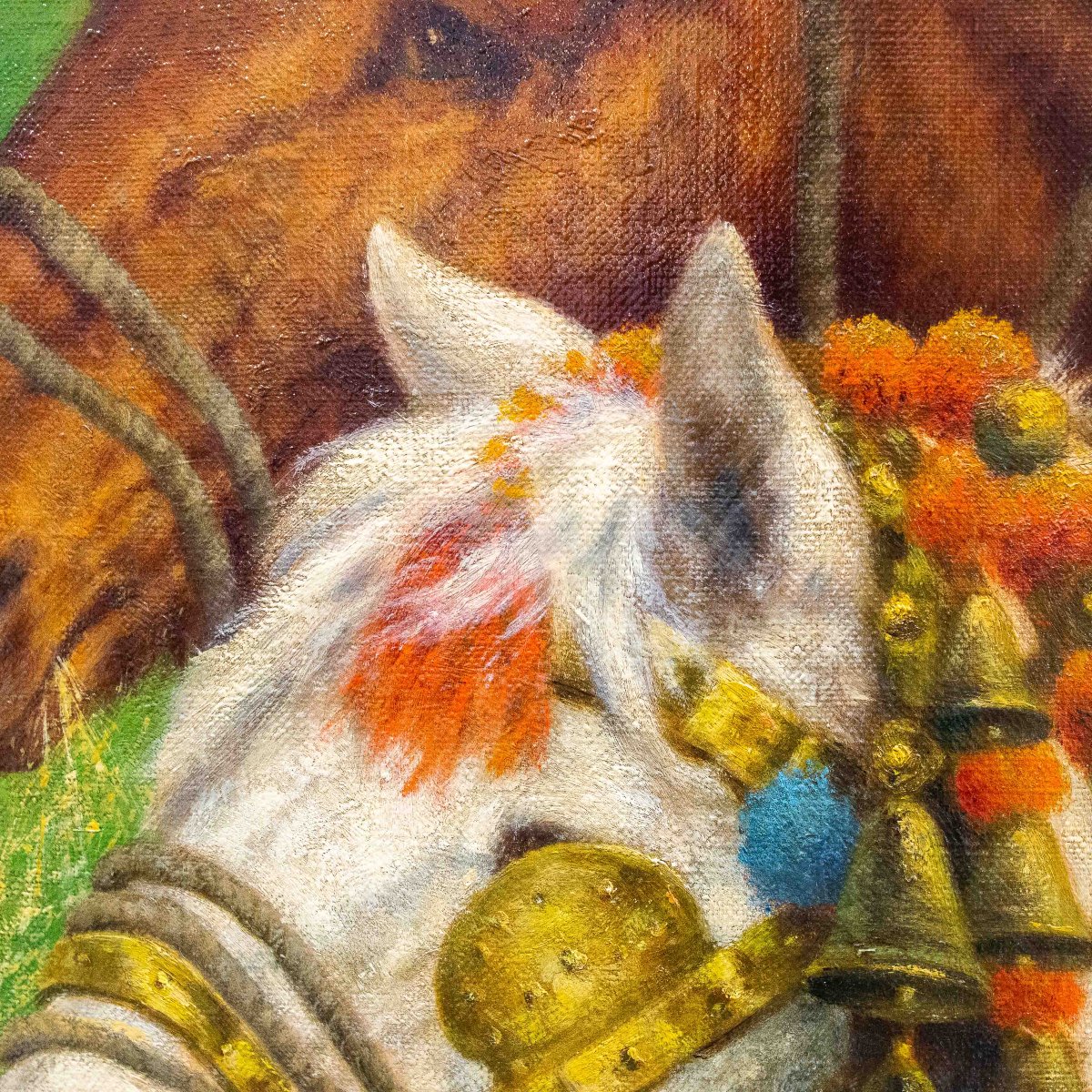 Riposo nei campi Scena equestre con cavalli da tiro, olio su tela, Primi  '900-photo-6