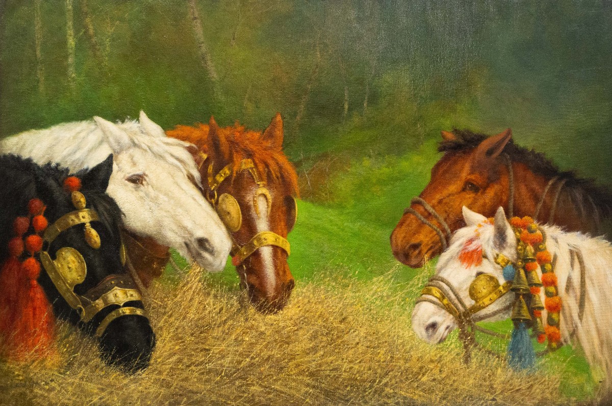 Riposo nei campi Scena equestre con cavalli da tiro, olio su tela, Primi  '900