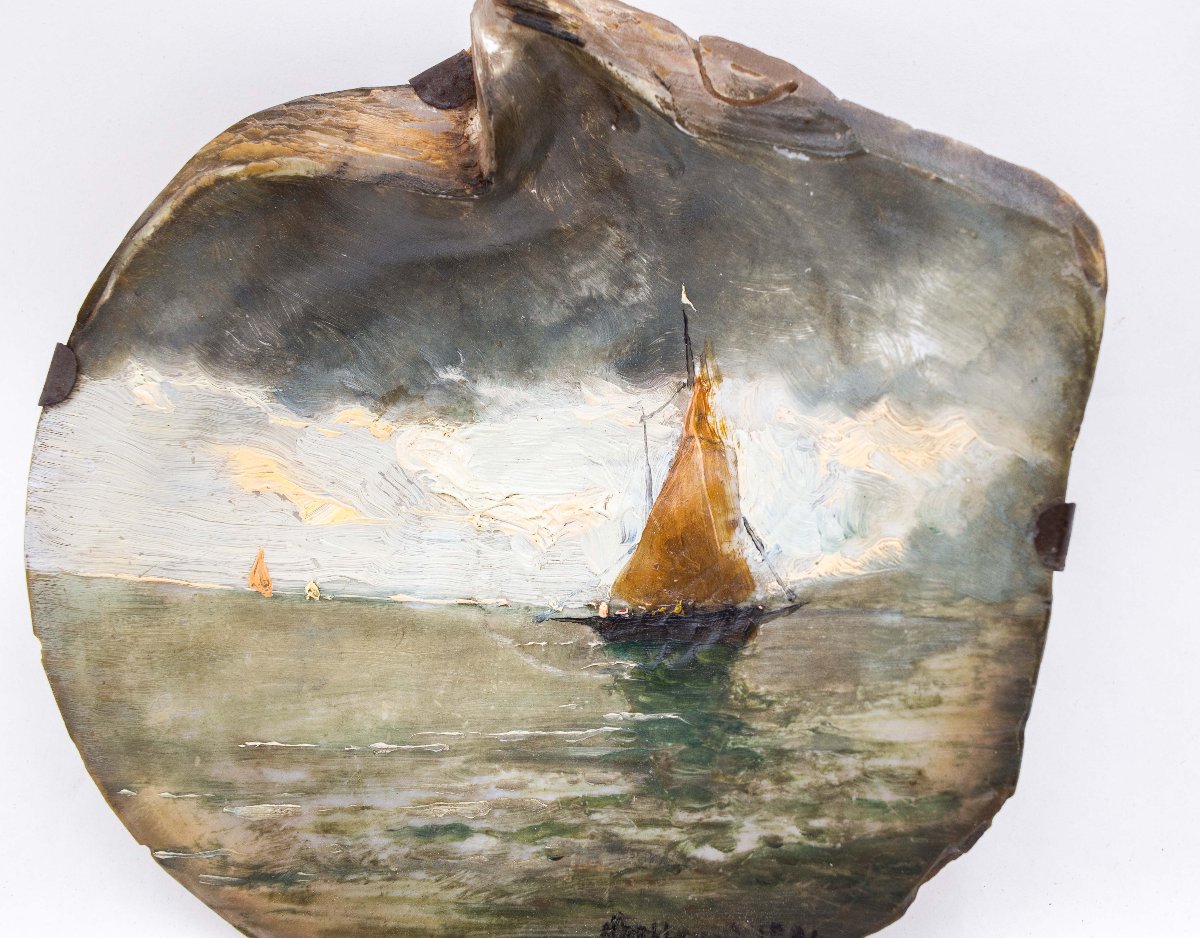 Dipinto ad olio su conchiglia, di Lorenzo Delleani, "Veliero al tramonto" – 1894-photo-1