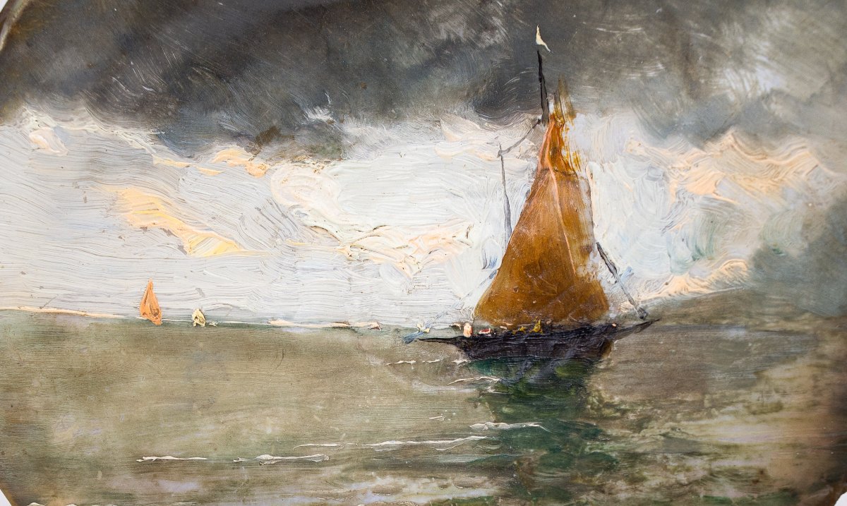 Dipinto ad olio su conchiglia, di Lorenzo Delleani, "Veliero al tramonto" – 1894-photo-3