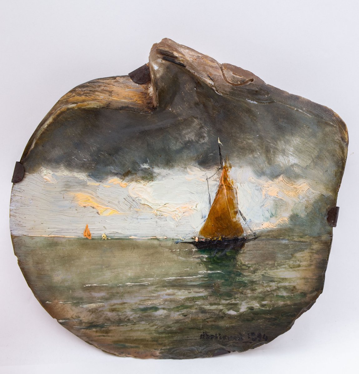 Dipinto ad olio su conchiglia, di Lorenzo Delleani, "Veliero al tramonto" – 1894-photo-4
