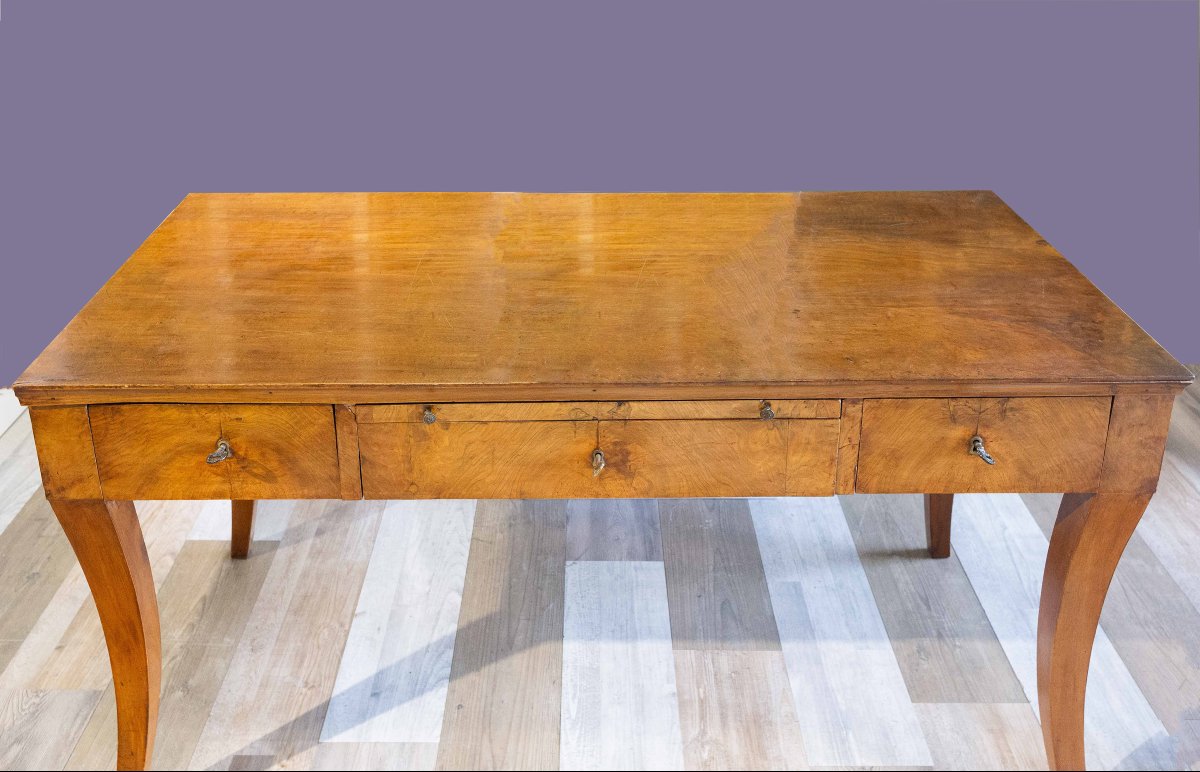 Tavolo scrittoio, con tre cassetti, Stile Restaurazione, in noce, 1825-photo-2