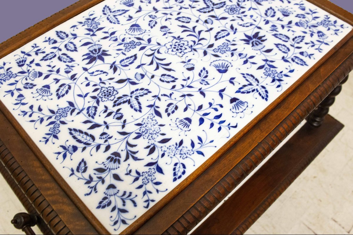 Tavolino in noce con Due Ripiani in Ceramica Decorata, Fine '800-photo-3
