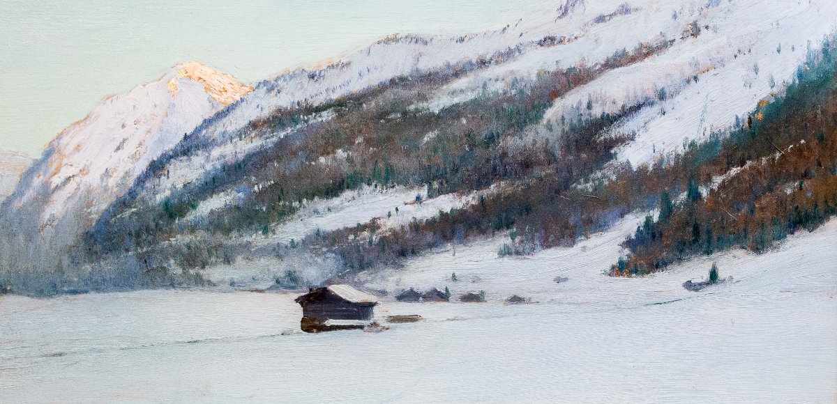 Giuseppe Bozzalla, "Alba a Gressoney", olio su tavoletta, firmato, 1906-photo-2