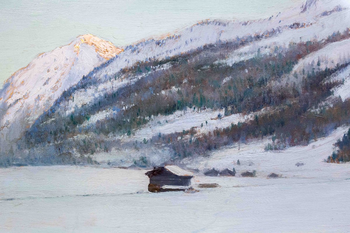 Giuseppe Bozzalla, "Alba a Gressoney", olio su tavoletta, firmato, 1906-photo-4