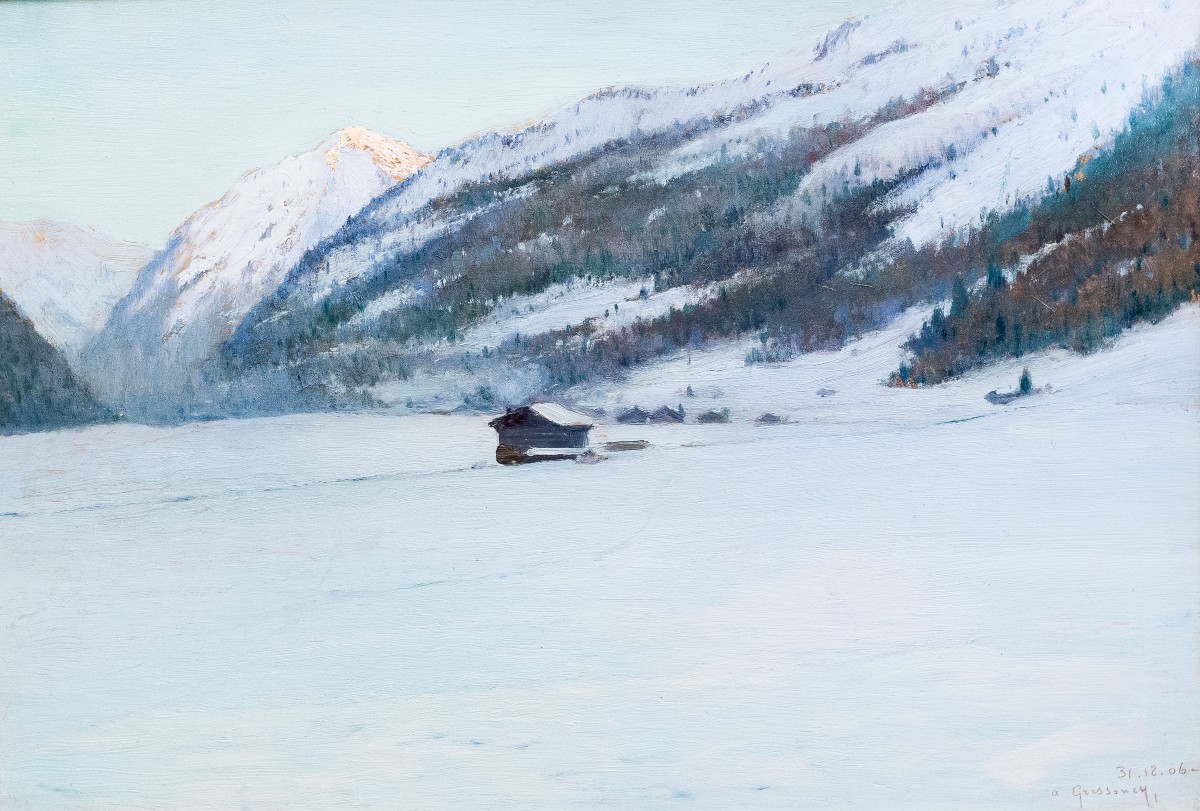 Giuseppe Bozzalla, "Alba a Gressoney", olio su tavoletta, firmato, 1906