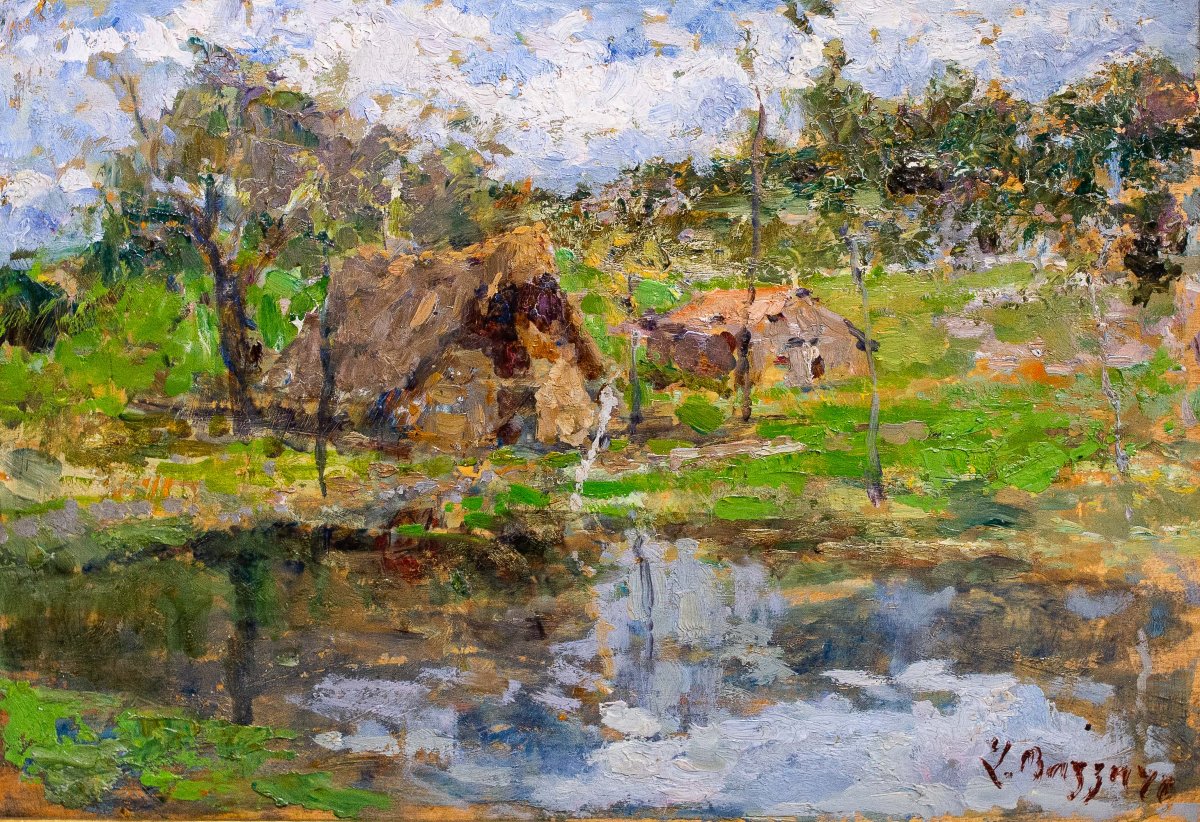 Leonardo Bazzaro, "Paesaggio Rurale", olio su tavola, firmato, Primi '900-photo-4