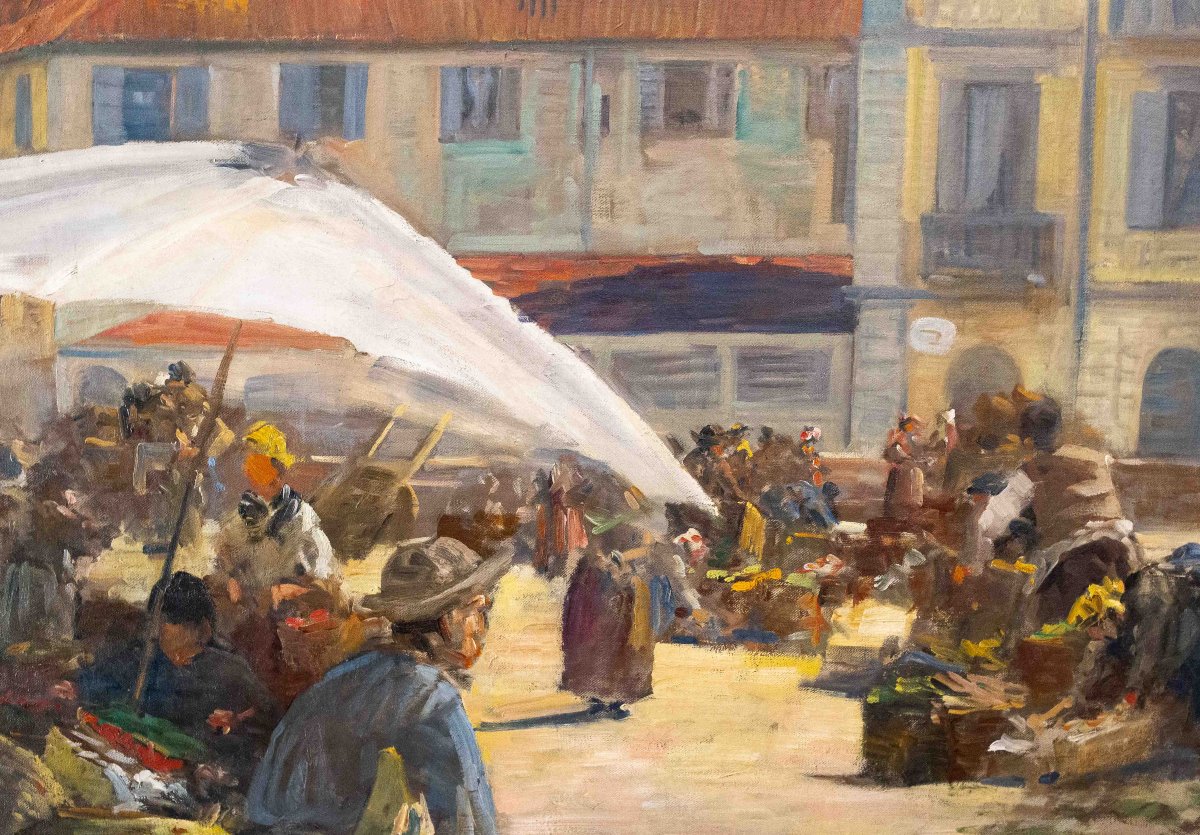Pugliese Levi Clemente, "Mercato di Porta Palazzo" - Torino, olio su tela, firmato, 1920-photo-3