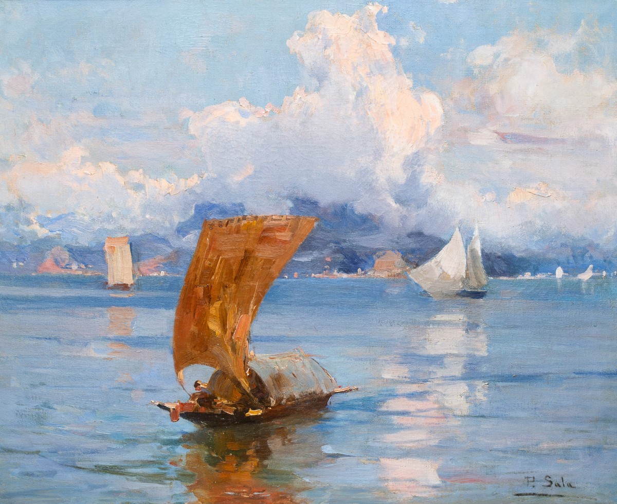Paolo Sala, "Marina Ligure", olio su tela, firmato, Primi '900