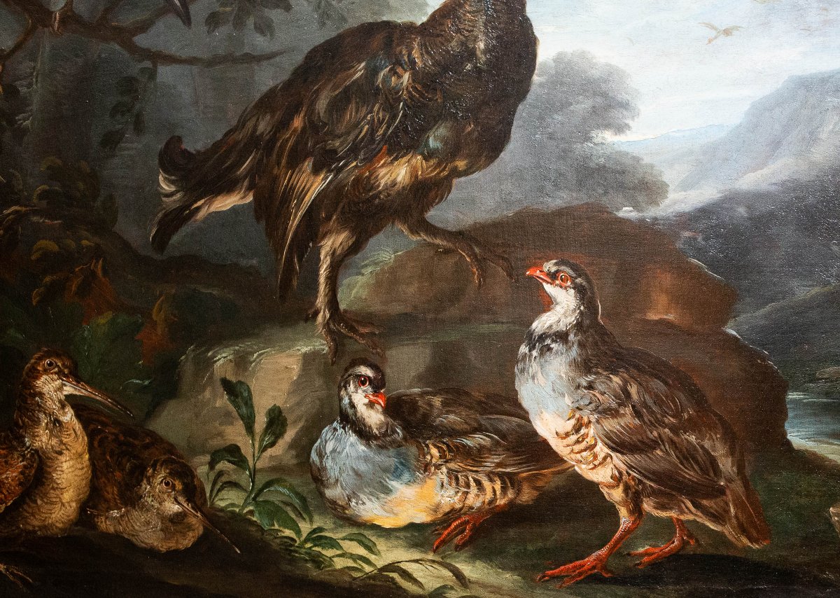 Att. Crivelli Angelo Maria, olio su tela, "Paesaggio con uccelli", Fine '600-photo-1