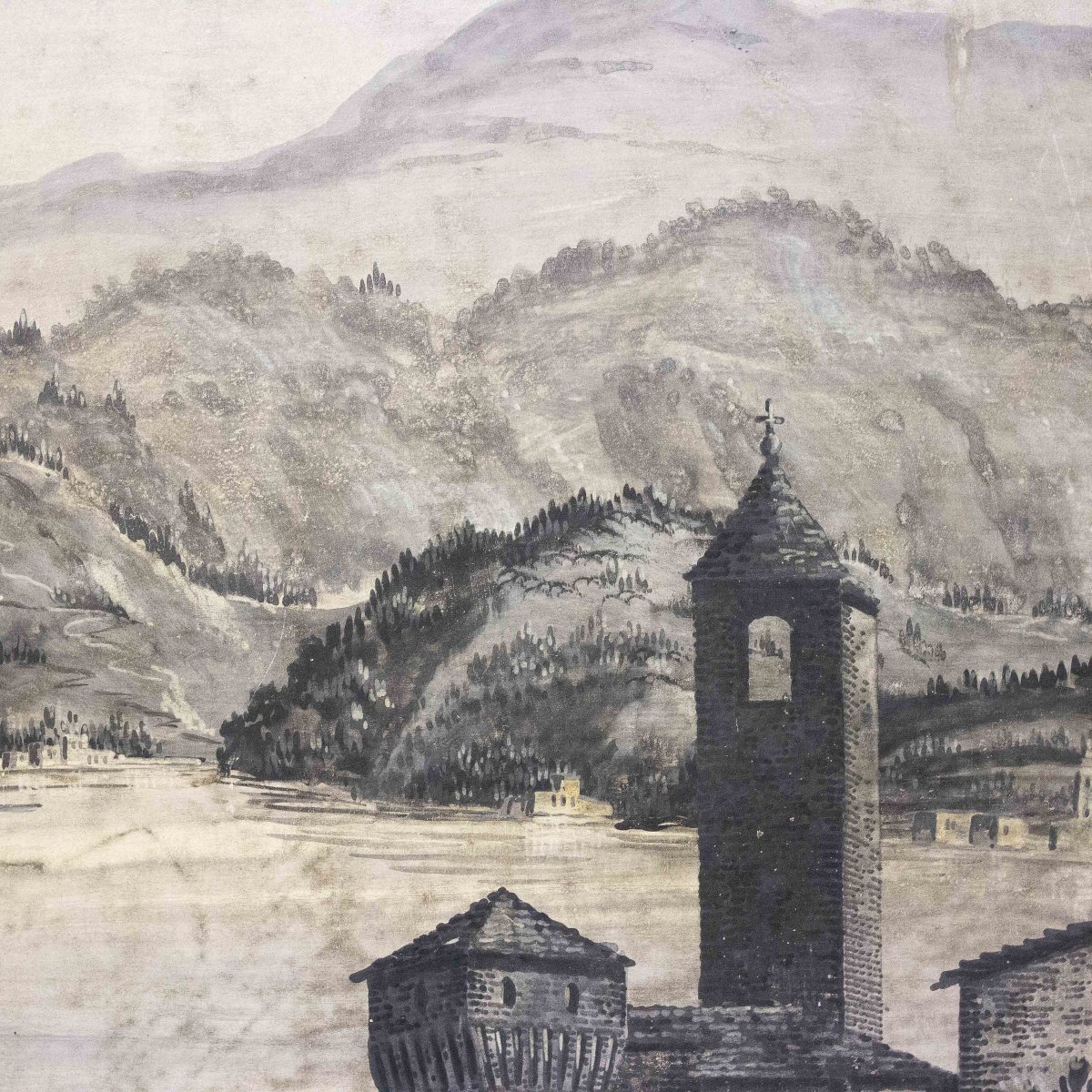 Antica veduta paesaggistica, tempera su carta, Inizio XIX secolo-photo-3